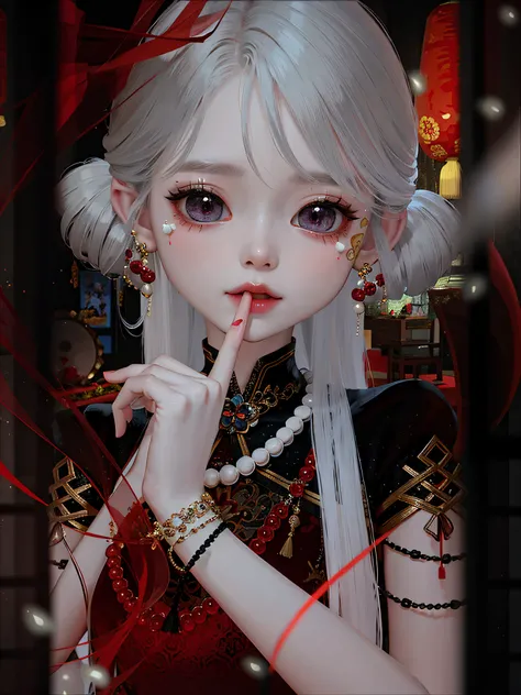 There is a girl with long white hair and a red dress, Guviz, Phlegm sputum, phlegm : : 5, Guviz-style artwork, china doll face, guweiz masterpiece, Palace ， A girl in Hanfu, wlop glossy skin, wlop loish and clamp style, 8K)), imvu