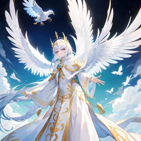 White cloak stretching its wings，Like a big bird，It can transcend the cycle of time and space，Embellished with gold ornaments，It is a special creature life form called immortal like a bird