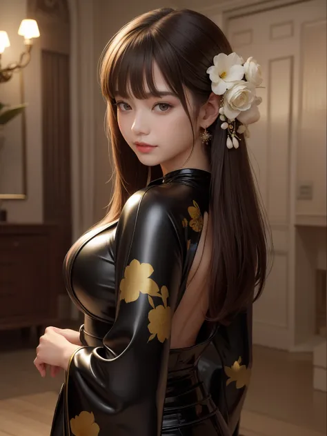 Beautiful big breasts， （Bokeh）， inside in room， Detailed luxury living room， （Small_Head）， Gentle and charming beautiful goddess， Korea（K-pop idols）， 独奏， （areola of breast）， （cleavage）， delicate and sexy（鎖骨：1.3）， slick skin， choker necklace， brunette color...