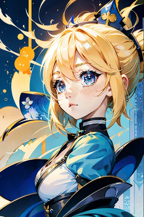 a blonde haired girl with blue eyes, shadowverse style, character art of maple story, chibi art, inspired by Li Chevalier, advanced digital chibi art, chibi, artoria pendragon, anime chibi, sad cerulean eyes, chibi style, from bravely default ii, chibi gir...