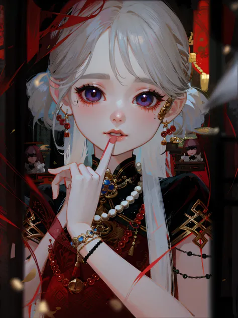 There is a girl with long white hair and a red dress, Guviz, Phlegm sputum, phlegm : : 5, Guviz-style artwork, china doll face, guweiz masterpiece, Palace ， A girl in Hanfu, wlop glossy skin, wlop loish and clamp style, 8K)), imvu