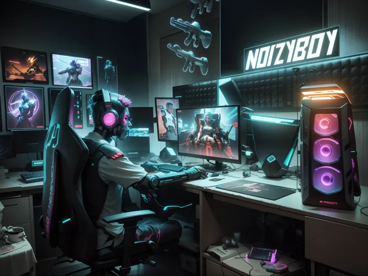 Cyberpunk gaming room, robot sitting on the chair