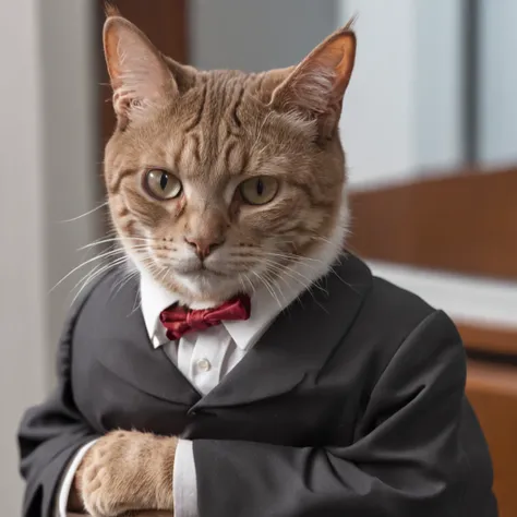 A cat in a lawyers uniform in front of him carrying a briefcase in the courtroom.