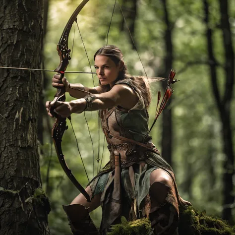 An enchanting and evocative photo capturing the essence of an elven archer as they patiently await the perfect opportunity to release their arrow. Perched gracefully on a sturdy tree branch, the elven archer blends seamlessly with the surrounding forest, t...