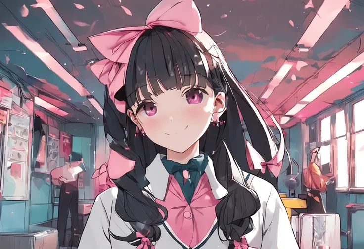 Masterpiece, Best quality, Ultra-detailed, illustration, Portrait, 1girll, black_Hair, Pink eyes,  Long hair,  school uniform,