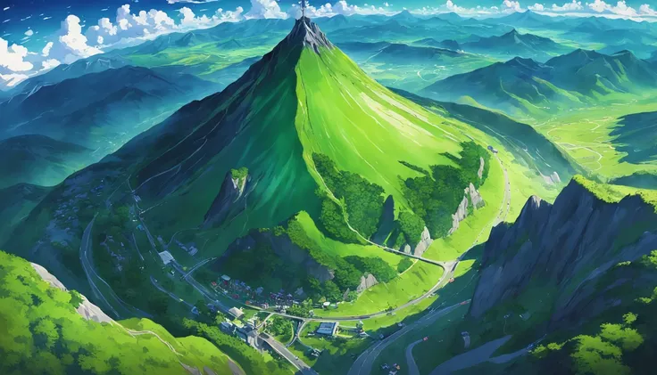 tmasterpiece，best qualityer，scenecy，green mountains，A large green mountain in the shape of pudding，There is a road through it, volcanoes, Aerial view of the mountain，Skysky