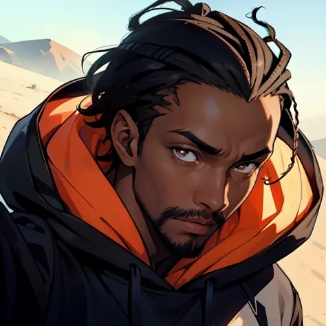 there is an African man in a hoodie looking up at the camera, very very low quality picture, selfie, profile picture, looking defiantly at the camera, black hair, brown eyes, showing forehead, hood and shadows covering face, 80s anime style