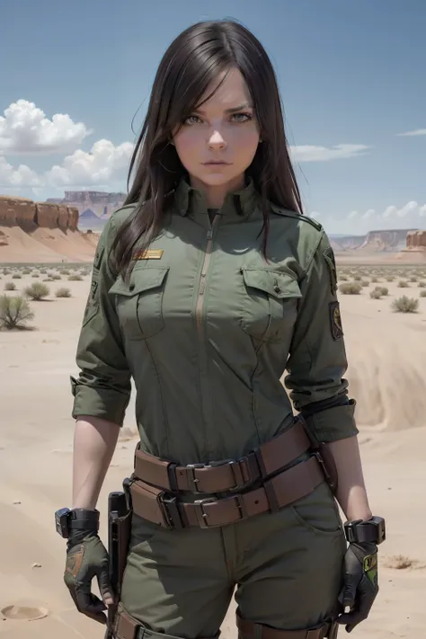 a woman poses in a desert area, time traveling bloodthirsty gunwoman, muscle girl, green uniform, gorgeous female, a sexy brunette warrior, anna faris