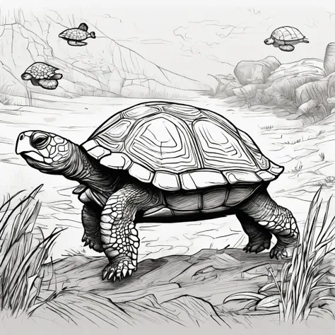 turtle walking, quality, drawing, line doodle, monochrome scheme, in border