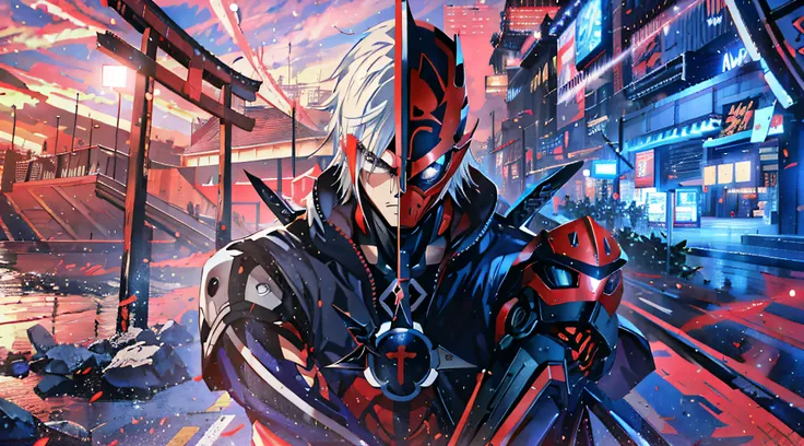 Anime characters holding swords in front of the city, raiden metal gear, Badass anime 8 K, villain wearing a red oni mask, Portrait de Ninja Slayer, kabuto, son of sparda, Katana Zero video game character, 《Metal Gear Solid rises》Thunderbolt in , thancred ...