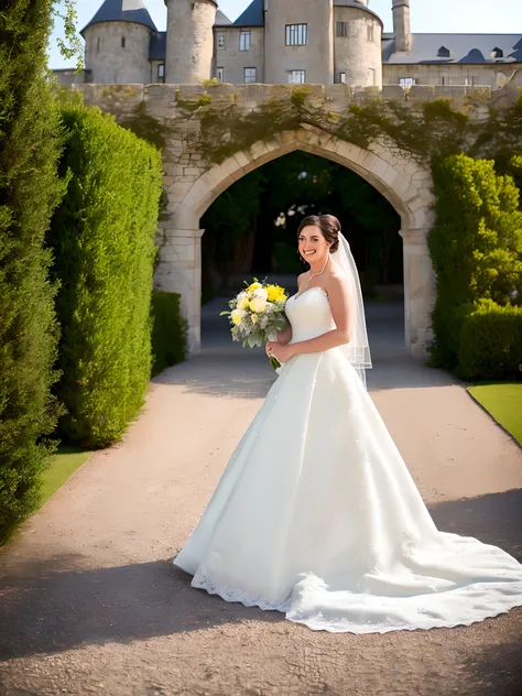 American bride in yellow dress in a fancy castle