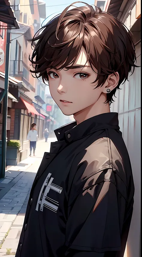 (hight resolution、ultra-detail)、​masterpiece、top-quality、Male child、独奏、a handsome、short hair、brown hair、finely eye and detailed face、Casual clothing、Real Shadows、Joy、Connecting ears、The upper part of the body、