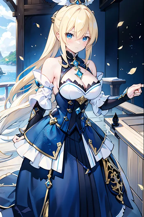 a blonde girl with blue eyes, shadowverse style, character art of maple story, artoria pendragon,  sad cerulean eyes, from brave...