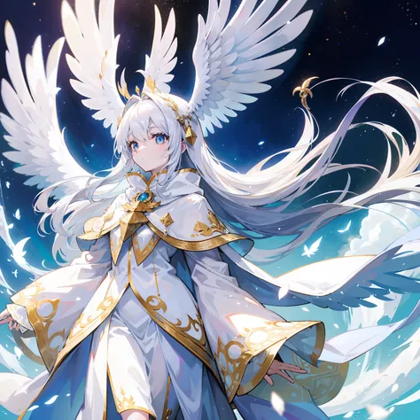 White cloak with wings outstretched，Like a big bird，It can transcend the cycle of time and space，Decorated with gold ornaments，It is a special form of biological life，Known as immortal like a bird