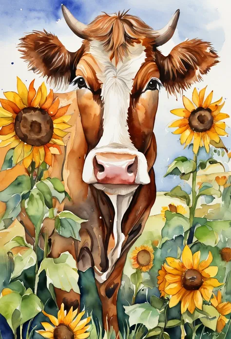 A cute American cow，Sunflowers are worn on their heads，Positive perspective，cow head