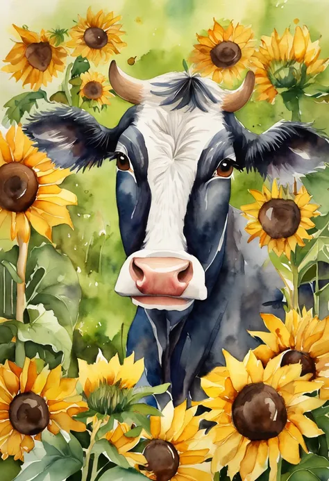 A cute American cow，Sunflowers are worn on their heads，Positive perspective，cow head