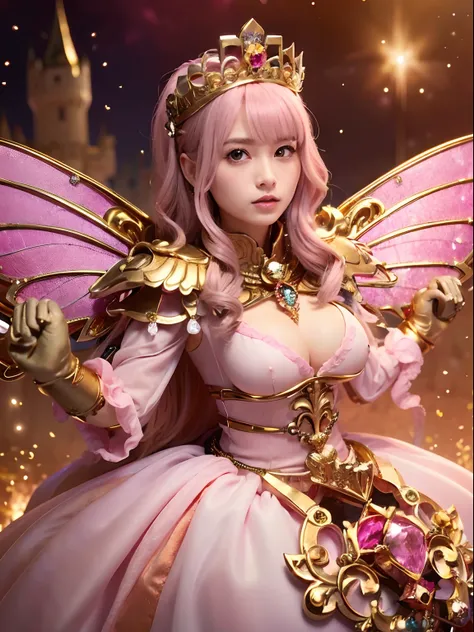 (masutepiece), Professional , ​masterpiece、top-quality、photos realistic , depth of fields （Gemstone Silver Metal Body:1.９),(Matte Pink、Jewel Gold Weapon、（Gorgeous castle background）、（ultimate beauty girl）、（Fairy wings grow on her back）、（Jewel Metal Body:1....