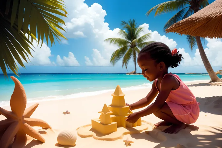 Date: 1998
Country: Barbados
Description: On a luminous Barbadian beach, a young Barbadian child playfully builds sand sculptures, adding intricate details with seashells and coral fragments. The soft daylight casts a warm glow on the sand as the childs la...