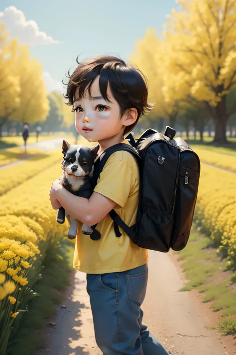 A cute little boy carrying a backpack，Holding his cute puppy，Enjoy a lovely spring excursion surrounded by beautiful yellow flowers and nature。The illustration is a high-definition illustration in 4K resolution，featuring highly detailed facial features and...