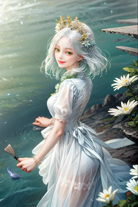 woman，white color hair，Green pick dye，Dressed in a white petal dress，Green eyes，Wear white flowers on your head，It has a light green pattern on the body，quadratic element，Standing in the middle of a sea of flowers，With a smile