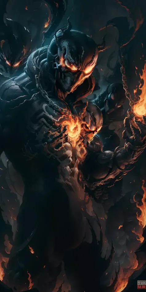 (Ultra resolution 8K), Epic work of art, Stunning fusion of Venom and Ghost Rider is a dark being with skin blackened by the symbiote, with a flaming skull crowned by the symbiote instead of a head.  Fiery chains snake around its form, ready to punish the ...