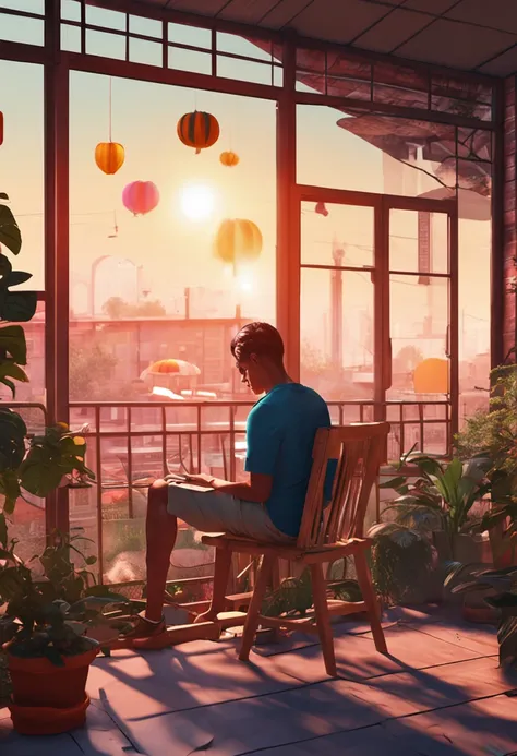 A person sitting on a stool playing games on the computer，The weather outside the side balcony was cloudy with sunshine