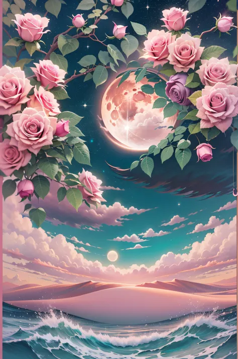 Orange moon, teal sky, soft pink clouds, teal ocean waves sparkling, sparkling, pink roses on pink ocean, fantasy, diamond, crown, universe, soft lights,