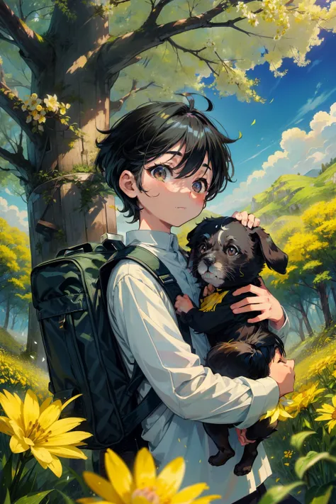 A cute little boy with a backpack on his back，Holding his cute puppy，Enjoy a lovely spring excursion surrounded by beautiful yellow flowers and nature。The illustration is a high-definition illustration in 4K resolution，featuring highly detailed facial feat...