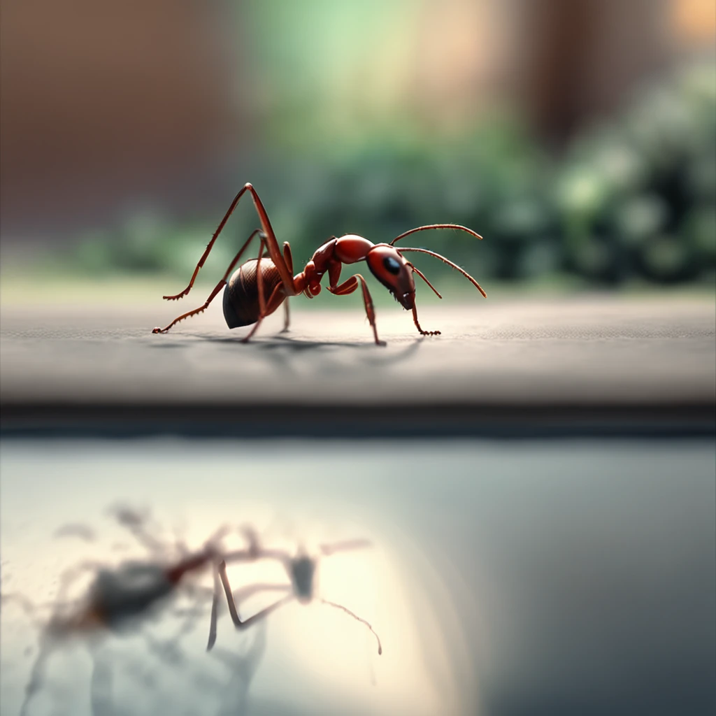 An ant looking in the mirror by the stream，An ant uses the stream as a mirror，High-angle lens shooting，photorealistic cinematic render, Cinematic 3D rendering, realistic cgi render, Depicted as a 3D rendering