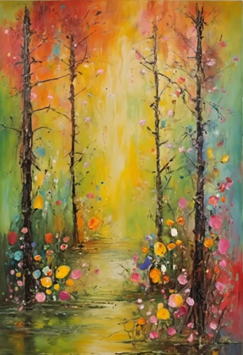 forest with flowers, raining background, warm sunlight