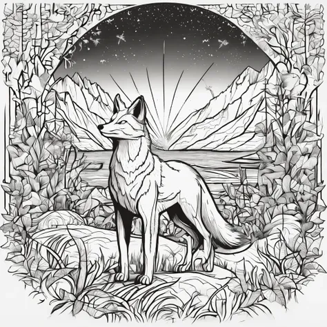 fox, quality, drawing, line doodle, monochrome scheme, in border