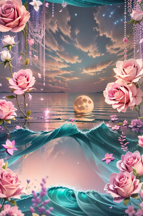 Orange moon, teal sky, soft pink clouds, teal ocean waves sparkling, sparkling, pink roses on pink ocean, fantasy, diamond, crown, universe, soft lights,