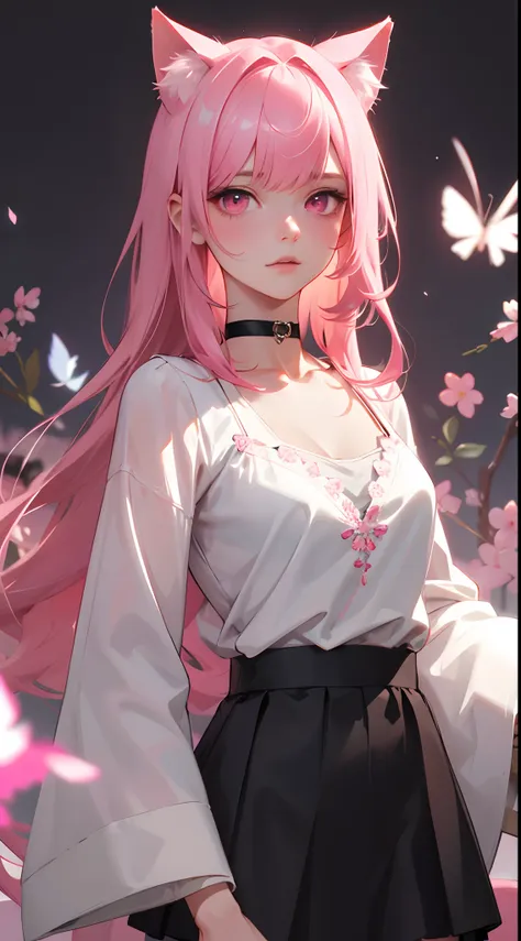 a handsome female，delicate facial features，long pink hair，pink cat ears，pink eyes，white top with sleeves,choker, blackskirt,saku...