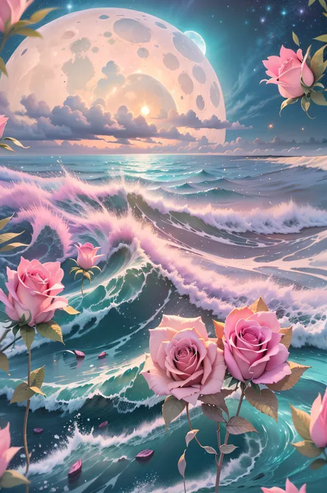 Orange moon, teal sky, soft pink clouds, teal ocean waves sparkling, sparkling, pink roses on pink ocean, fantasy, diamond, crown, universe, soft lights,