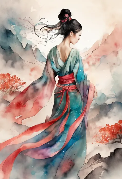 (Alcohol ink:1.5),Dunhuang style, Dancing in the sky, ancient chinese beauti, Silk Hanfu, Tulle ribbon, Beautiful dance moves, Ink painting style, Clean colors, decisive cutting, White space, freehand brushwork, Soft lighting，dreamy glow，A bar of chocolate...