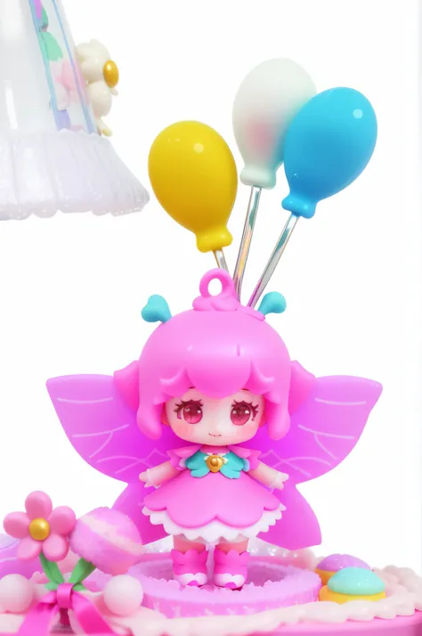 Standing girl wearing dress，Wings on the back,Beautiful kawaii，the elf，spoon pear slim loli figure, , astral fairy,  in a candy land style house, style of magical girl, kawaii decora rainbowcore, Magical light, Chuan Ai, in a candy forest!