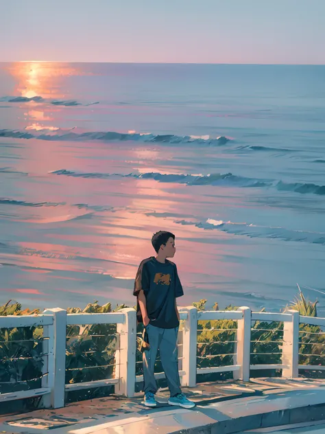 there is a young boy standing on a sidewalk looking out at the ocean, the ocean in the background, looking out over the sea, looking at the ocean, overlooking the ocean, looking out at the ocean, ocean in the background, standing beside the ocean, looking ...