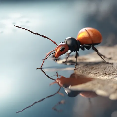 An ant looking in the mirror by the stream，An ant uses the stream as a mirror，High-angle lens shooting，photorealistic cinematic render, Cinematic 3D rendering, realistic cgi render, Depicted as a 3D rendering