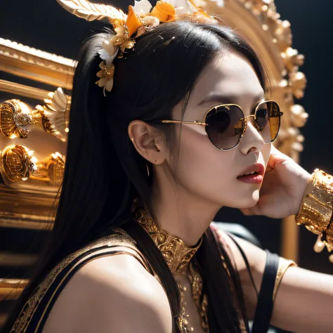 Wear black and gold rimless sunglasses，32K（tmasterpiece，k hd，hyper HD，32K）Burgundy double ponytail，Pond area，Indigo Skull King ，Hold the big G steering wheel （The skeleton is realistic：1.4），Python pattern robe，Silver skull flower ornaments，Gold cape，Petals...