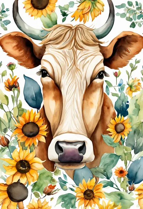 A cute American cow，Sunflowers are worn on their heads，Positive perspective，cow head