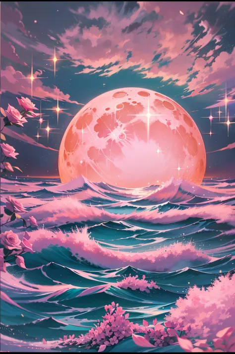 Orange moon, teal sky, soft pink clouds, teal ocean waves sparkling, sparkling, pink roses on pink ocean, fantasy, diamond, crown, universe, soft lights,