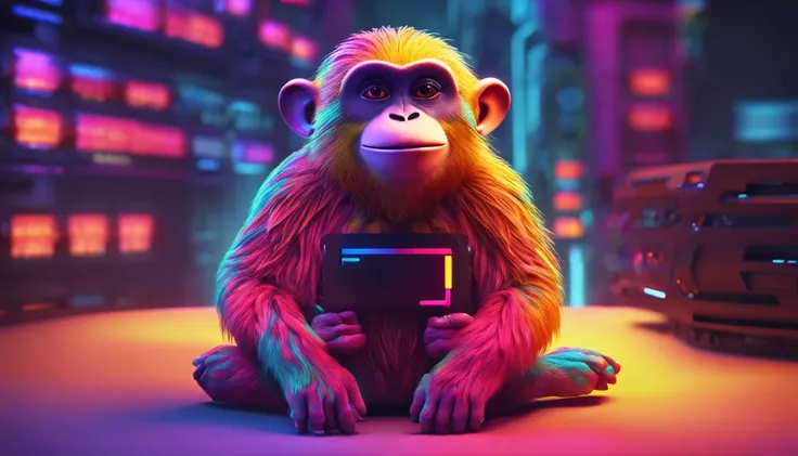 Design a logo featuring a plump monkey programmer for a digital channel, utilizing vibrant, high-resolution colors.