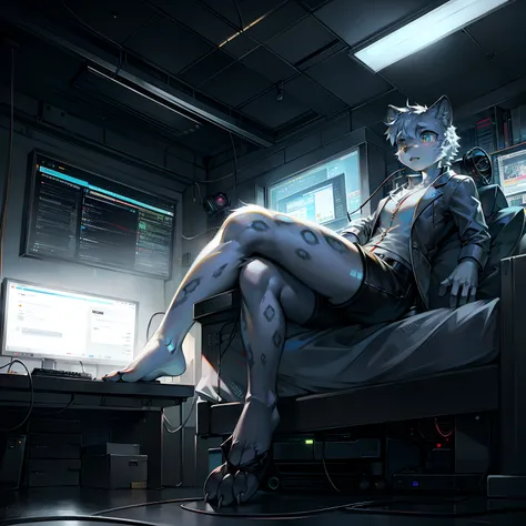 robot Leopard，Wear white vest，Black  shorts，Barefoot，electrical wires，Electric currents，Computer，sit on a bed，（photo-realistic）