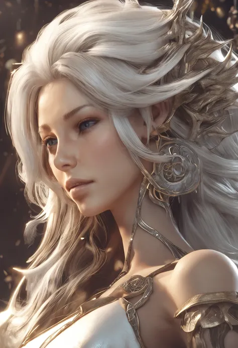 The whole body is beautiful and gorgeous Final Fantasy style, Astral Deva, Headshot, Goddess, Shiny skin, random hair style, Silver hair color, Sepia skin tone, random eyes color, Female, Clean and very detailed face and hands, analogous colors, Glowing sh...