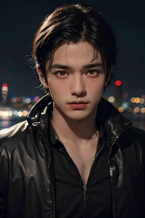 best quality, masterpiece, ultra high res, (photorealistic:1.4), raw photo, young handsome male, black hair, (night city backgro...