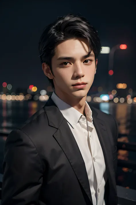 best quality, masterpiece, ultra high res, (photorealistic:1.4), raw photo, young handsome male, black hair, (night city backgro...