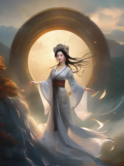 An ancient Chinese beauty, Stand on the peak, Wave your hands, Hair flutters in the wind, black hair, halo, raised eyebrows, earrings, smile, Surrealism, Renaissance, god rays, UHD