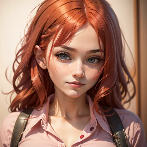 close shot of girl with pinkish red hair, looking at camera, slight smile, 25 year old, sexy face, detailed, wearing pink button up shirt, fiery eyes