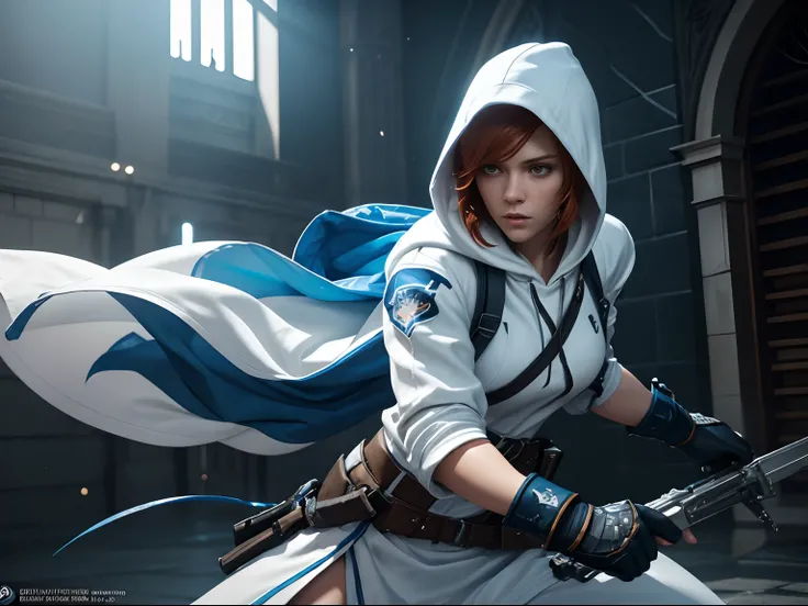 a beautiful 20 years old British female assassin, with short ginger hair, wearing white and blue hooded assassin outfit, splash art style, battle ready pose, dynamic angle shot, photo realism, volumetric lighting, intricate hand details, highly detailed, v...