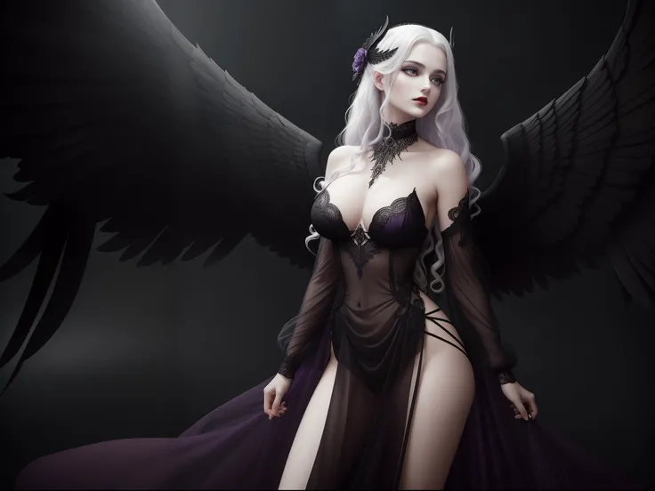 "Macaria". Not safe for work.  Realistic photo. Waist up photo. Macaria. Divine personification of silent death. Mythological character represented as a beautiful black angel with the appearance of a woman. Black wings on her back. Red painted lips. Long c...